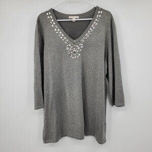 JM Collection Grey V Neck Sequin 3/4 Sleeve Women's Sweater Top 3X